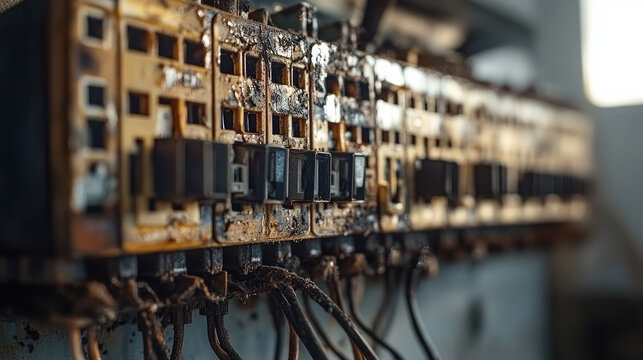 Blown fuse with scorch marks on a distribution board, indicating a short circuit incident. Wires with damaged insulation in the scene. --chaos