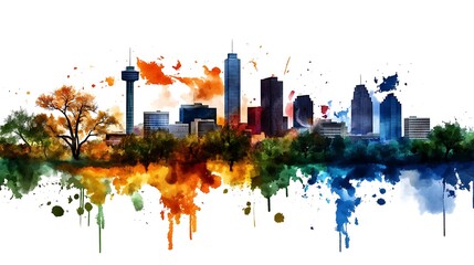 Fototapeta premium Watercolor Skyline Cityscape with Colorful Splatter