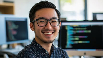 An AI researcher smiling while programming a neural network in a modern lab