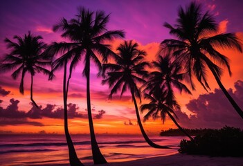 vibrant silhouette palm trees stunning sunset sky radiant hues tropical charm, palmtree, color, cloud, evening, light, gleam, nature, beach, bright