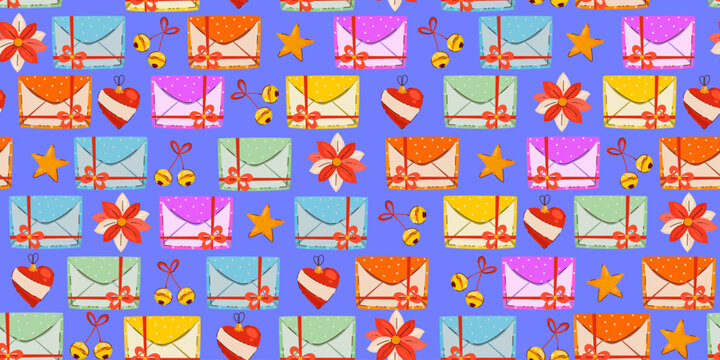 Holiday seamless pattern with cute letters for Santa and decorations: globe, poinsettia, star, bells. Christmas envelopes. Perfect for X-mas wrapping paper. 