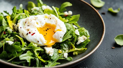 A poached egg on top of a salad with cherry tomatoes.