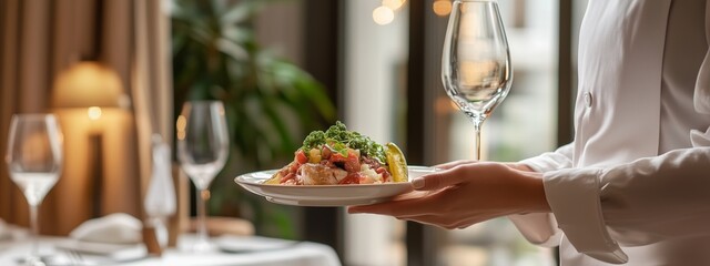 Elegant dining experience with a waiter serving a gourmet dish in a luxurious restaurant during the evening