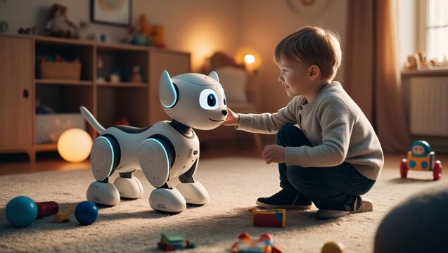 A little boy kneels on the carpet, gently touching the nose of an interactive robotic dog in a warm, inviting playroom filled with toys and soft lighting - Powered by Adobe
