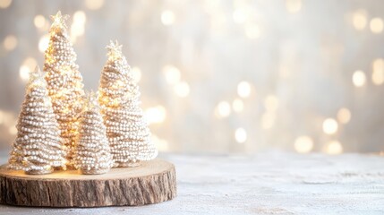 Two handmade rope Christmas trees decorated with golden stars and bells, with a bokeh light background.