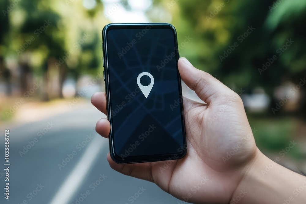 Fototapete A male hand holds a mobile phone displaying a location pin on its screen, likely for navigation while on a quiet road. Generative AI