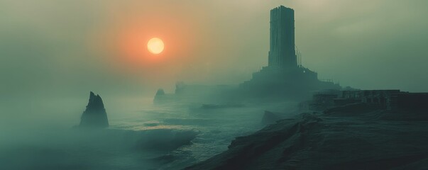 A foggy, ominous landscape with a tall structure.
