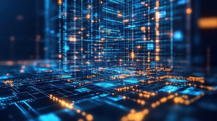 Obraz premium Futuristic data grid with glowing lines and nodes, concept of digital infrastructure and data flow