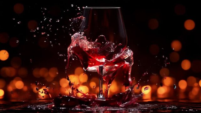 A glass of wine with a splash of liquid, a blurry background of glowing orange bokeh lights, and a dark background.