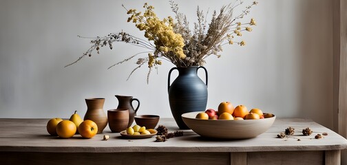 still life scene of a simple wooden table with a vase of dried flowers © Stefan Schurr