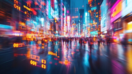 Obraz premium Blurred motion of city lights and people in a busy street, concept of urban life and fast pace