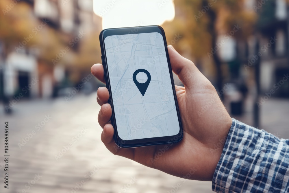 Leinwandbilder A man checks his mobile phone with a visible location pin displayed as he navigates a bustling urban area during daylight. Generative AI