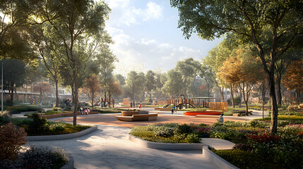 Obraz premium An urban community park with a playground surrounded by trees and gardens, offering a natural space for families