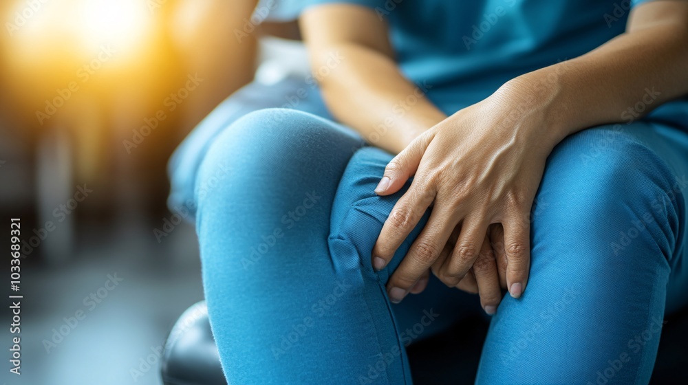 Poster patient in scrubs gently holding their arm in pain while seated in a hospital setting stock photo wi