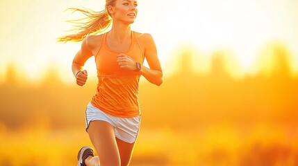 Woman in a sport outfit jogging on a sunny day with a determined expression against a bright background Stock Photo with side copy space