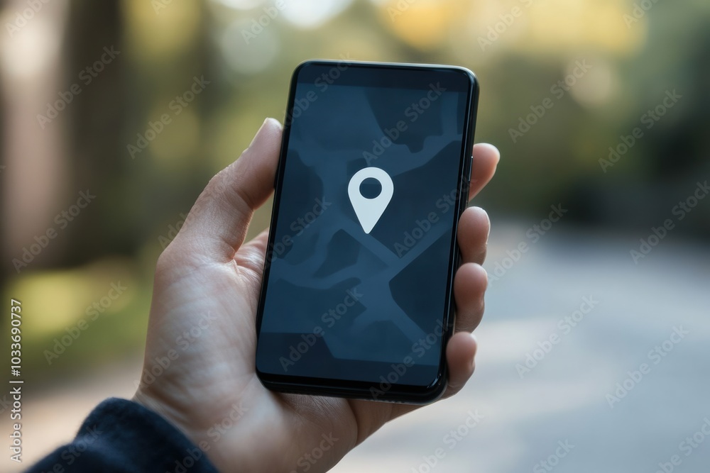 Aufkleber A male hand holds a mobile phone that shows a location pin, indicating a spot on the map while walking outdoors in daylight. Generative AI