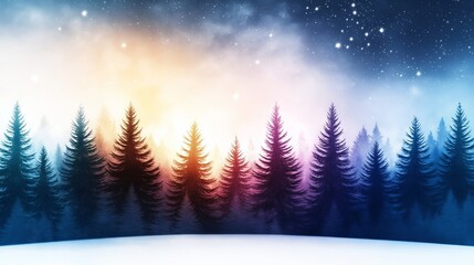 Naklejka premium A mystical scene of a winter forest under a starry sky. The tall evergreen trees are silhouetted against a colorful gradient sky with shades of blue, purple, and orange, evoking a magical atmosphere