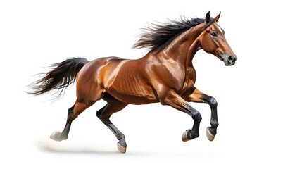 Fototapeta premium Bay stallion run gallop isolated on white. 