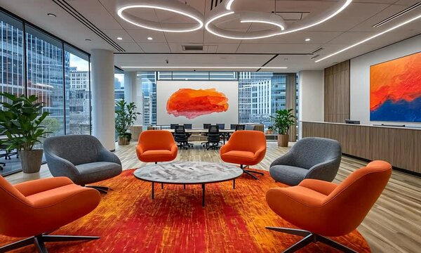 Avant-Garde Financial Collaboration Nexus: Cutting-Edge Banking Ecosystem Showcasing Transparent Architectural Brilliance, Streamlined Ergonomic Furnishings, and a Centralized Strategic Conclave Space