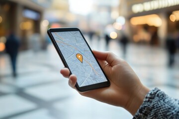 A male hand grips a smartphone showing a map with a location pin, as pedestrians walk in the bustling shopping area nearby. Generative AI