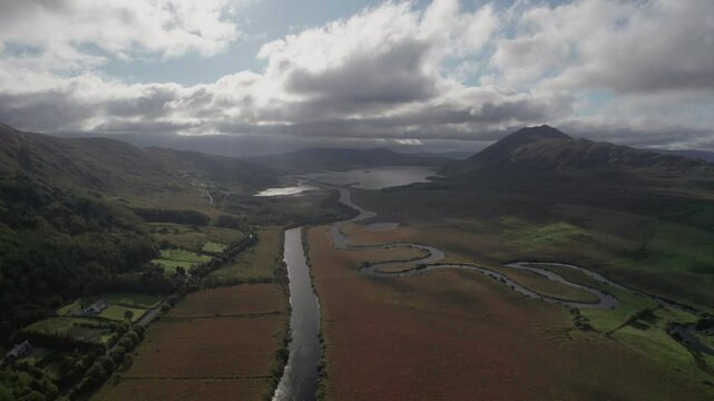 Spectacular 4K aerial footage of mountain valley from above with scenic mountains and countryside,  Maam west, Connemara, Galway, Ireland