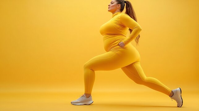 Chubby person in a sport outfit performing high knees isolated on a bright color background Stock Photo with side copy space