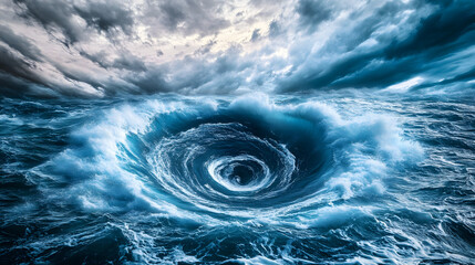 Whirlpool in stormy ocean, swirling waves