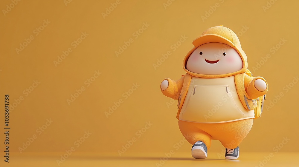 Poster chubby cartoon character in a sport outfit jogging energetically on a bright color background in 3d 