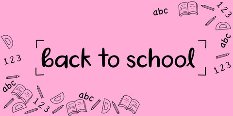 back to school text with hand drawn of school supplies isolated on pink background.