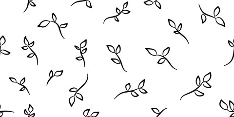 Leaves and branches vector seamless pattern. Black brush leaves and twigs. Black ink texture with foliage. Hand drawn outline twig. Abstract plant motif.