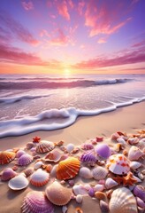 tranquil beach scene sunrise featuring vibrant seashells sandy shore gentle waves colorful skies, sky, horizon, ocean, nature, landscape, sunlight, coast