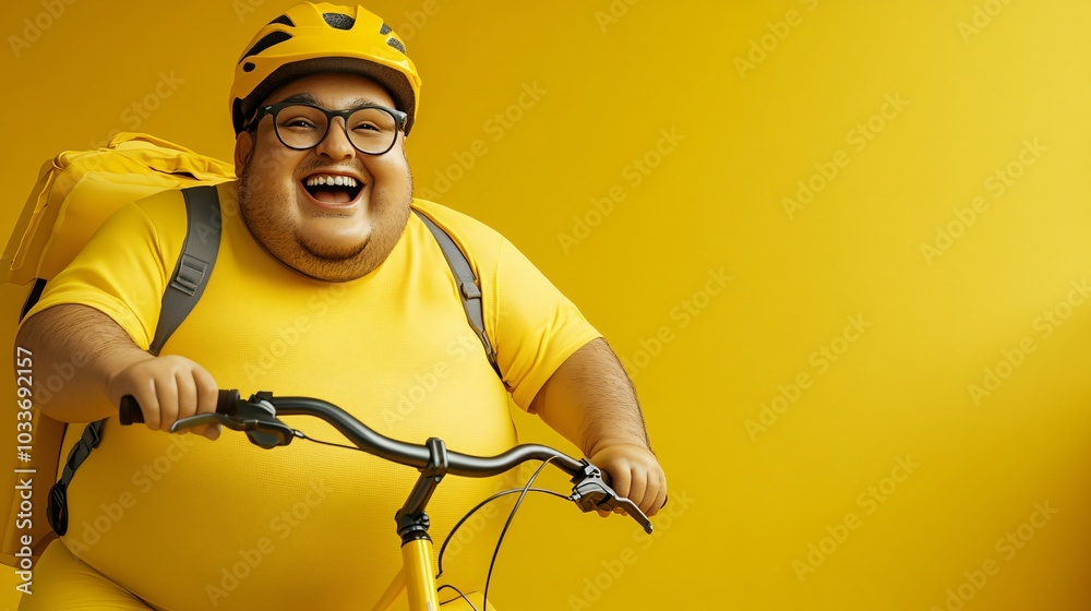 Poster 3d-rendered cartoon of a chubby individual cycling on a bold color background stock photo with side 