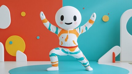 Naklejka premium Chubby cartoon character in athletic wear doing yoga stretches on a vibrant background in 3D render Stock Photo with side copy space