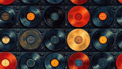 vinyl records and classic record players, arranged in an elaborate pattern with a muted color palette. The background is filled with various types of turntables