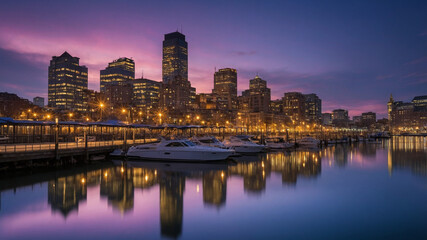 Fototapeta premium Skyline at dusk with shimmering reflections and vibrant hues over the peaceful waterfront cityscape.