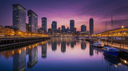 Naklejka premium Skyline at dusk with shimmering reflections and vibrant hues over the peaceful waterfront cityscape.