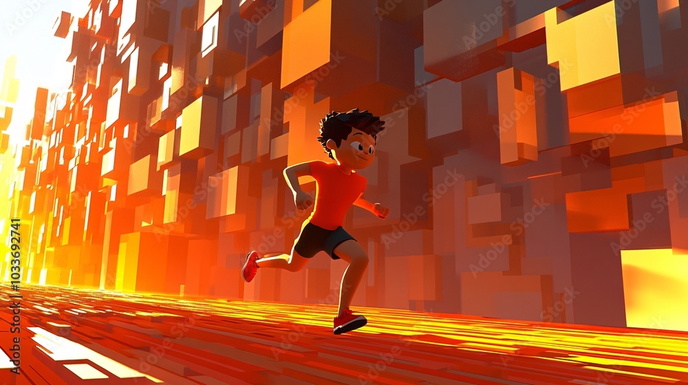 Poster cartoon-style chubby person jogging energetically in a colorful 3d world stock photo with side copy 