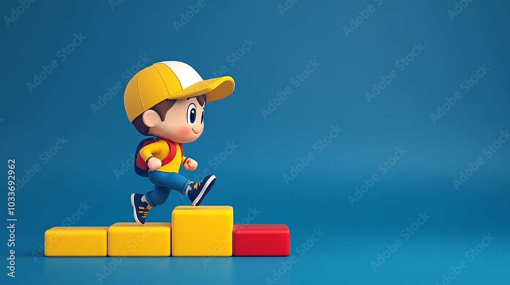 Poster chubby cartoon character running up stairs in athletic gear in a 3d world on a bright background sto