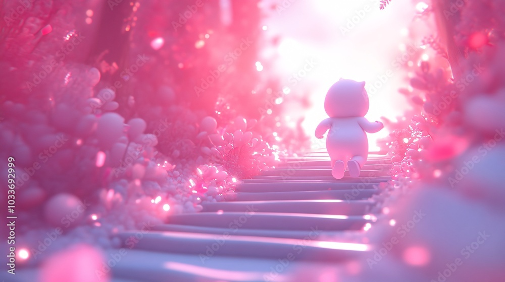Poster chubby cartoon character running up stairs in athletic gear in a 3d world on a bright background sto