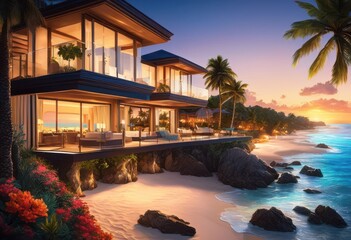 Fototapeta premium breathtaking coastal views featuring lavish beachfront homes surrounded pristine sands azure waters, coastline, seascape, seaside, shoreline, luxury