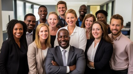 Diversity, portrait of happy colleagues and smile together in a office at their workplace. Neural network ai generated art