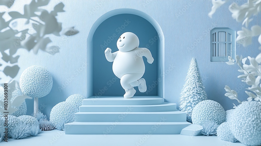 Poster chubby cartoon character running up stairs in athletic gear in a 3d world on a bright background sto