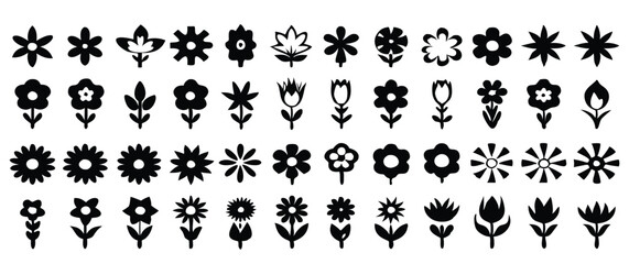 Simple Flower Icons in SVG Black Silhouettes, Featuring Minimalist Floral Shapes on a White Background, Perfect for Graphic Design and Digital Projects
