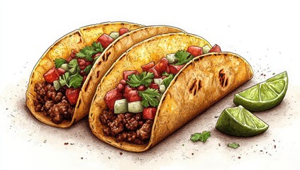 Open taco with the tortilla wrapped around it, in a cartoon style