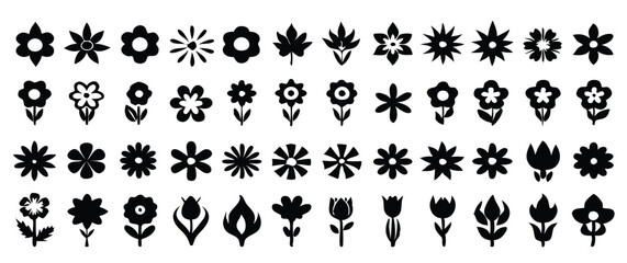 Simple Flower Icons in SVG Black Silhouettes, Featuring Minimalist Floral Shapes on a White Background, Perfect for Graphic Design and Digital Projects