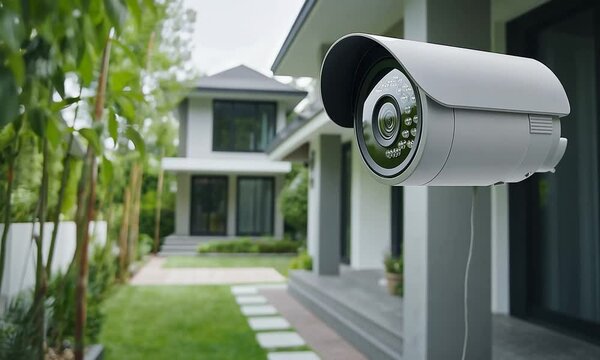 Close up of a modern security camera mounted on a white exterior wall with a lush green lawn in the background.