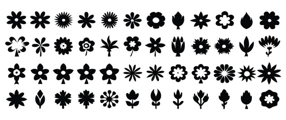Fototapeta premium Simple Flower Icons in SVG Black Silhouettes, Featuring Minimalist Floral Shapes on a White Background, Perfect for Graphic Design and Digital Projects