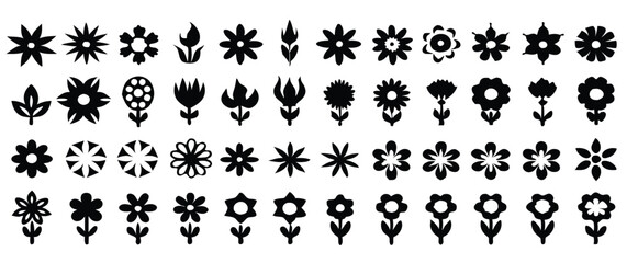 Fototapeta premium Simple Flower Icons in SVG Black Silhouettes, Featuring Minimalist Floral Shapes on a White Background, Perfect for Graphic Design and Digital Projects