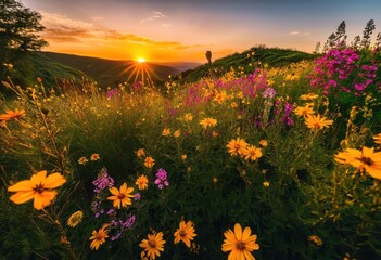 Fototapeta premium vibrant seasonal blooms thriving amongst lush green landscape settings showcasing blooming flora full splendor, arrangement, backdrop, beauty, botanical