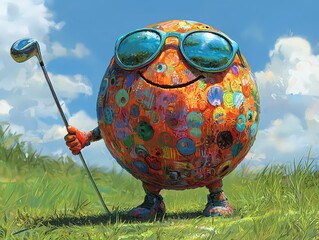 A vibrant and colorful cartoon character, resembling an oversized golf ball with multiple colors and patterns, is wearing sunglasses while holding a golf club in one hand. 